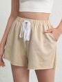 SHEIN Leisure Natrural & Comfy Cotton Elastic Drawstring Lounge Shorts - Khaki