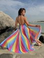 SHEIN Swim Classy Rainbow Striped Backless Halter Kimono Cover Up