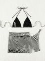 SHEIN Swim BAE Silver Metallic Triangle Cup Bikini Swimsuit Set + Beach Skirt 3pcs Combo