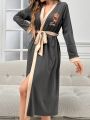 Women's Color-contrast Belted Sleep Robe With Teddy Bear & English Letter Print