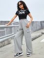 Female Teen Portrait Pattern Ribbed T-shirt And Pocket Wide-leg Pants Two-piece Set