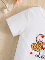 SHEIN Kids FANZEY Toddler Girls' Heart Pattern T-shirt And Leopard Flared Pants 2pcs/set Summer Outfit