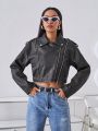 SHEIN Essnce Women's Pu Water-washed Vintage Motorcycle Jacket