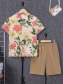 SHEIN Kids SUNSHNE Boys' Casual Comfortable Floral Print Button-Down Shirt And Solid Color Shorts Set