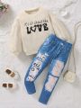 SHEIN Kids QTFun 2pcs/set Girls' Casual Street Style Round Neck Loose Fitting Letter Printed Sweatshirt & Skinny Jeans With Holes Fall Outfits