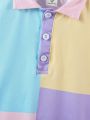 Young Boy 2pcs/Set Macaroon Color-Block Polo Shirt And Shorts Casual Outfits For Summer