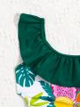 Little Girls' Fruit & Tree Leaves Printed One-Piece Swimsuit With Ruffled Hem