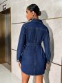 SHEIN BAE Button-front Denim Dress With Belt And Flap Pocket