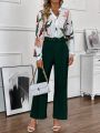 SHEIN Lady Women's Floral Printed Long Sleeve Shirt And Belted Flared Pants Set