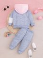 3pcs Baby Girls' Casual And Comfortable Color Block Zip-Up Hoodie, Simple Long-Sleeved Top, And Elastic Waist Pants Set