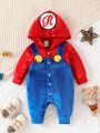 SHEIN Infant Boys' Velvet Hooded Dress Up Jumpsuit With Letter Patchwork