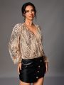 SHEIN Tall Women'S Glittery Lantern Sleeve Wrap Blouse