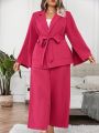 SHEIN Privé Plus Split Sleeve Belted Blazer & Wide Leg Pants