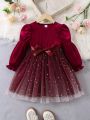 Girls autumn and winter fashion gradient mesh dress elegant velvet mesh stitching bow princess dress