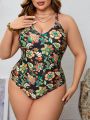 SHEIN Swim BohoFeel Plus Size One Piece Swimsuit With Floral Print And Crossed Back Straps