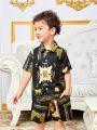 SHEIN Kids FANZEY Young Boys' Baroque Printed Shirt And Shorts Set