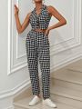 SHEIN Frenchy Houndstooth Vest Blazer And Trousers Suit Set