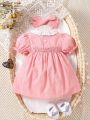 Baby Ruffle Eyelet Embroidery Puff Sleeve Dress With Headband