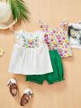 SHEIN 3pcs Baby Girl'S Casual Cute Flower Patterned Ruffle Hem Sleeveless Top And Shorts Set