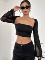 SHEIN ICON Mesh Paneled Long-sleeved Bodysuit