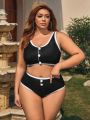 SHEIN Leisure Plus Size Color Block Bikini Swimsuit Set With Edging & Button Detail