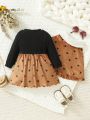 Baby Girls' Heart Print Cape And Black Mesh Patchwork Long Sleeve Dress