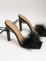 SHEIN Haute Tie Leg Design Stiletto Heeled Fluffy Strappy Sandals