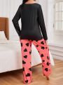 Women's Letter & Heart Patterned Pajama Set