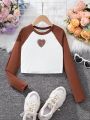 SHEIN Kids HYPEME Big Girls' Simple Street Fashion Knitted Raglan Sleeve Long Sleeve Top