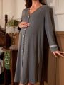 Maternity Single-breasted Long Sleeve Nightgown