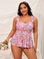 SHEIN Swim Mod Plus Size Floral Printed Two-Piece Swimsuit With Tank Top And Bottoms