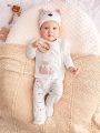 SHEIN 3pcs Baby Girls' Cute Fox Patterned Top, Pants And Hat Set