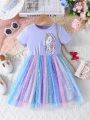 Little Girl'S Unicorn Print Patchwork Gradient Sequin Mesh Dress