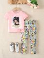 SHEIN Kids HYPEME Girls' Street Style Bowknot Printed Short Sleeve T-Shirt And Graffiti Cartoon All-Over Printed Pants Two-Piece Set For Summer