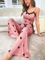 Heart Print Cami Top And Long Pants Pajama Set