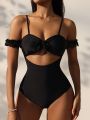 SHEIN Swim Chicsea Women's Solid Color Hollow Out Knotted Backless One-Piece Swimsuit