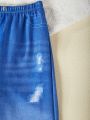 SHEIN Kids KDOMO Tween Girls' Letter Print T-Shirt And Denim-Look Printed Flared Pants 2pcs/Set
