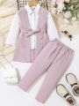 SHEIN Kids Nujoom Little Girls' Casual Solid Color Long Suit Jacket Vest + Long Shirt + Pants 3pcs Outfits