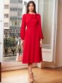 SHEIN Clasi Women's Fashionable Red Long Sleeve Dress With Bow Decoration