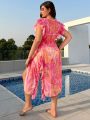 SHEIN Swim Vcay Large Size Marble Print Ruffled Drawstring Waist Mesh Kimono