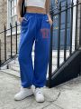 Women's Blue Printed Elastic Cuff Loose Sweatpants