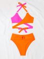 SHEIN Swim Vcay Ladies' Contrast Color Cross Design Halter-Neck Separate Swimsuit