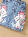 SHEIN Kids QTFun Little Girls' Solid Color Vest & Unicorn Graphic Denim Print Skirt Set