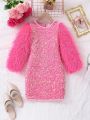 SHEIN Kids QTFun Little Girls' Fuzzy Long Sleeve Sparkly Party Dress For Fall And Winter