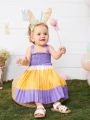 SHEIN Baby Girl'S Summer Vacation Shirred Color Block Sundress With Ruffle Straps