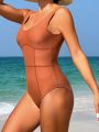 SHEIN Swim SPRTY Women's Solid Color One-piece Swimsuit With Contrast Stitching