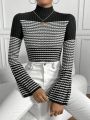 SHEIN Privé Flare Sleeve Sweater With Patchwork Design