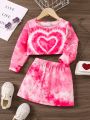 SHEIN Kids Y2Kool Casual & Trendy Heart Tie-Dye Gradient Effect 2pcs Toddler Girls' Outfit