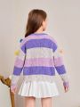 SHEIN Kids CHARMNG Tween Girls' Romantic Loose Fit Color Block Sweater With Pom-pom Embellishments And Round Neckline