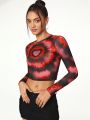 Space University Tie-Dyed Tight-Fit Short Crop Top With Long Sleeve